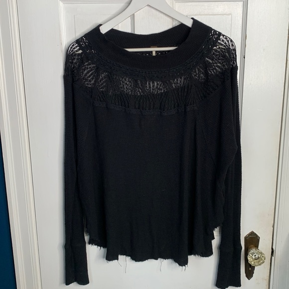 Free People Spring Valley Black Thermal Lace-Trim Top W-128 Sz Small - Picture 4 of 10